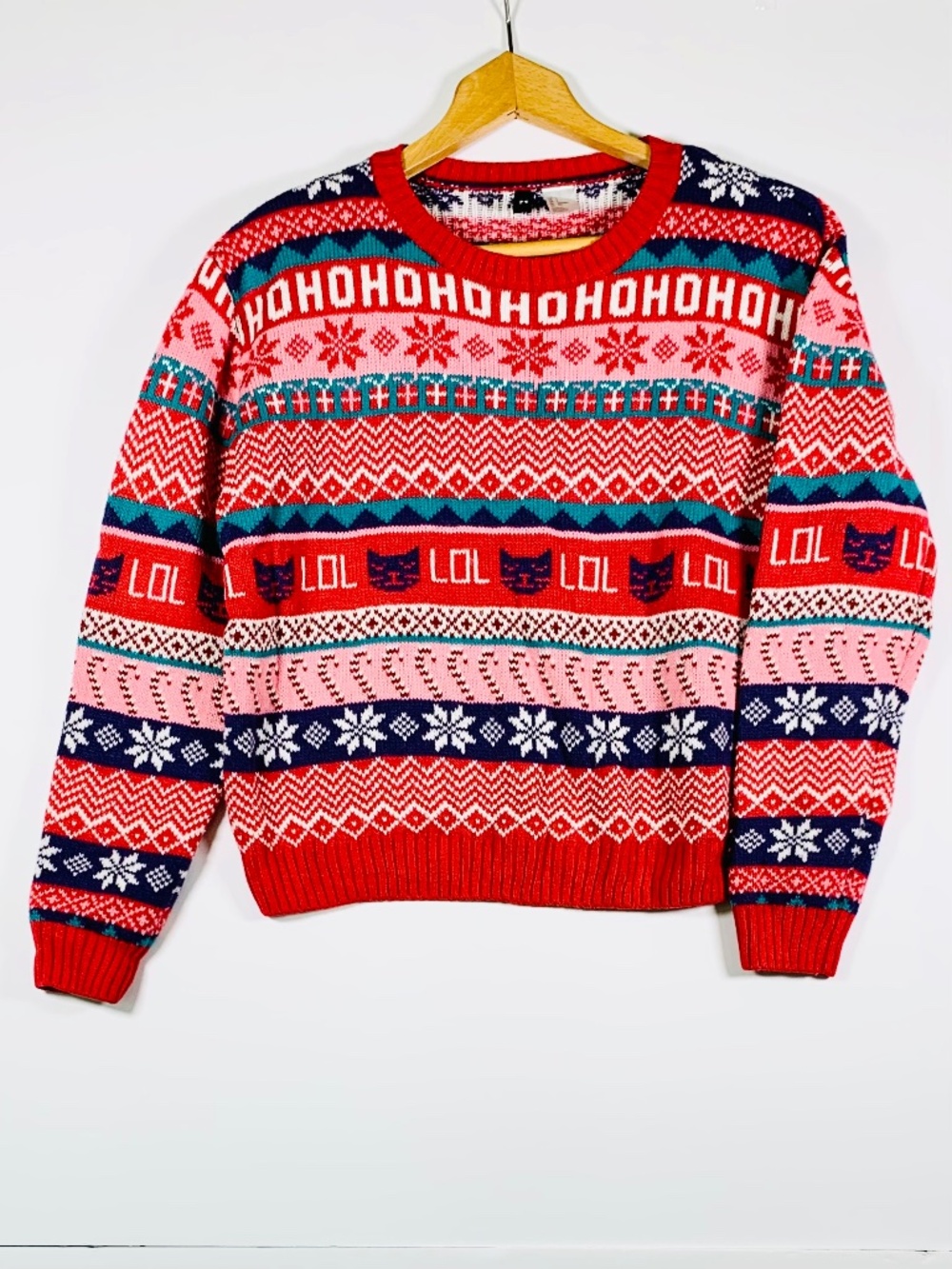 H&M Ugly Christmas Sweater Fair Isle Cat Pink Red Relaxed Fit Holiday Party